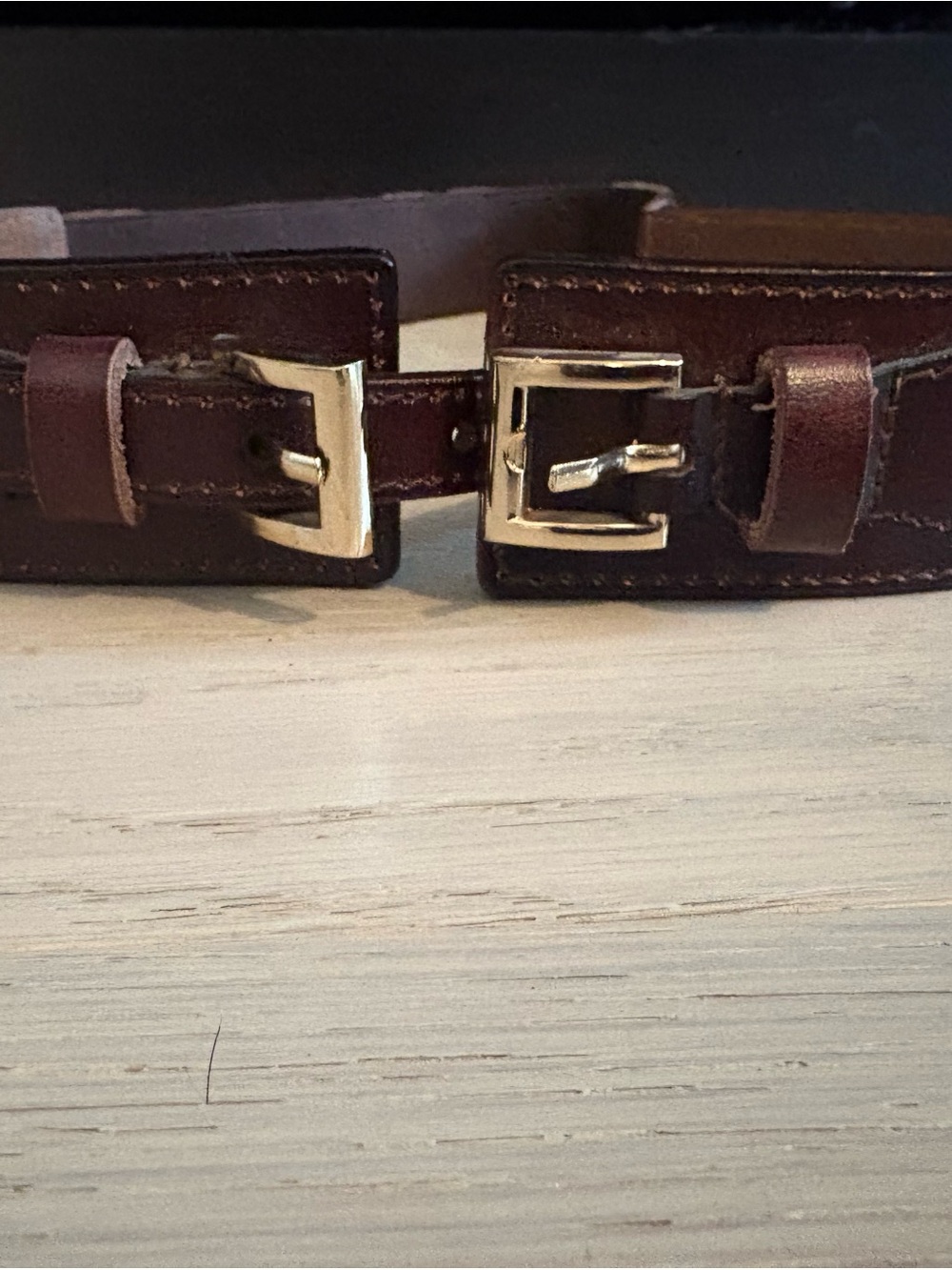 Women's Burgundy Double-Buckle Genuine Leather Waist Belt